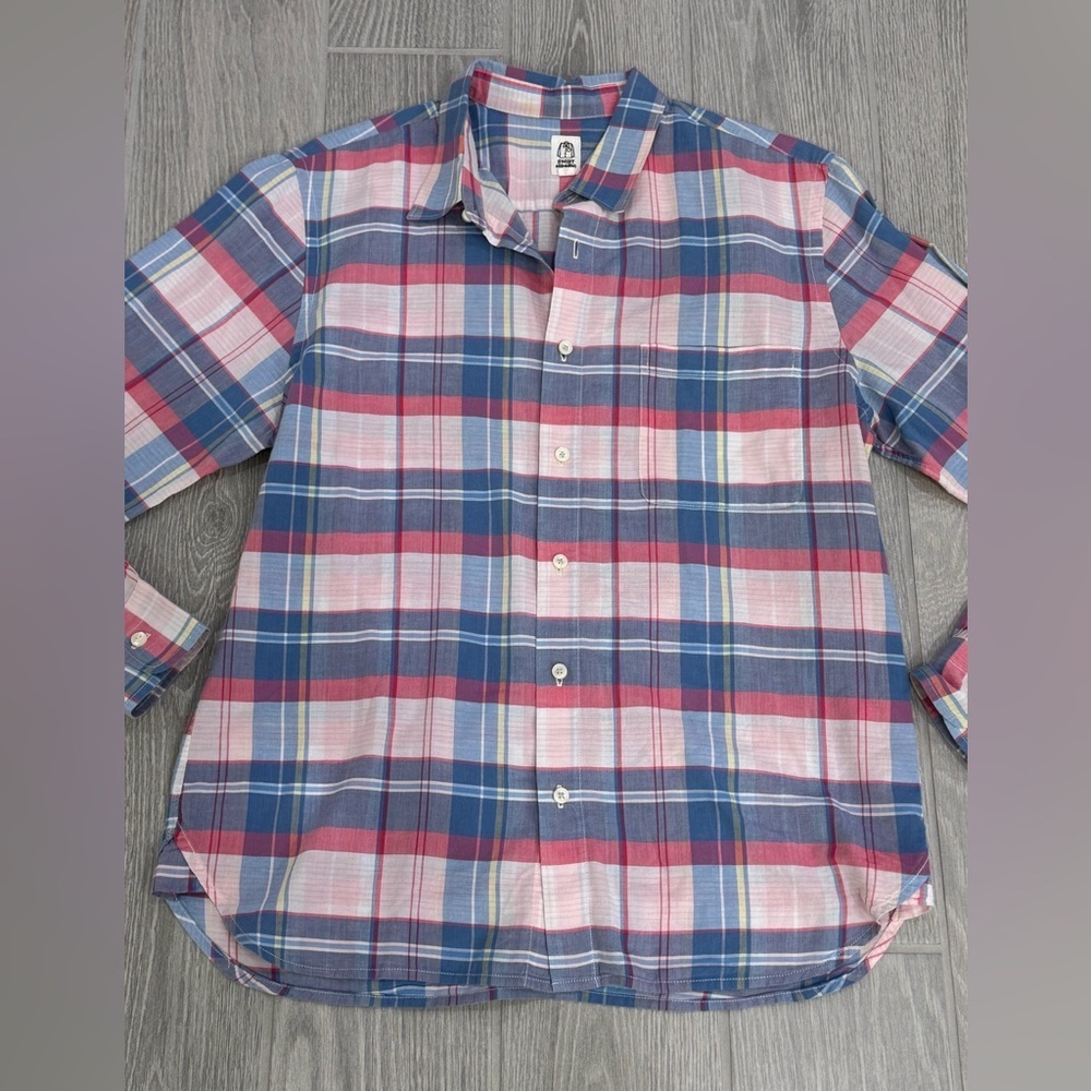 HIROSHI KATO 100% Cotton Pink Plaid Button Down Shirt Size Large EUC